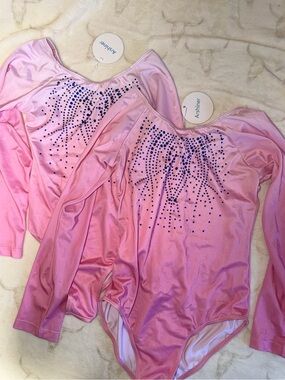Pink Kids Long-Sleeve One-Piece Leotard with Embellished Front